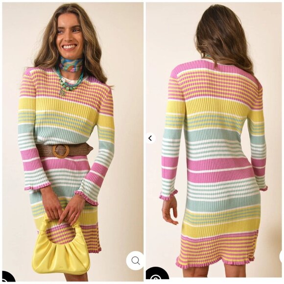 RIXO Milos Knit Dress in Pastel Yellow Rainbow Stripe Women’s Large MSRP $400 - Picture 2 of 12